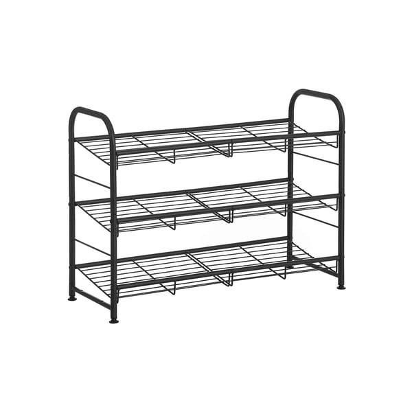 3-stegs skoställ, stapelbar skoställningsorganisatör, rymmer upp till 12 par, stål, 68,5 x 27,5 x 49,5 cm, för högklackat, träningsskor, tofflor, i entrén, svart