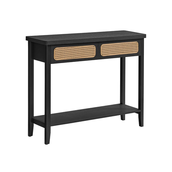 Konsolbord, gangbord, gangmøbler, smalt sofabord til stuen, med 2 skuffer, åben hylde, afrundede hjørner, boho-stil, askesort
