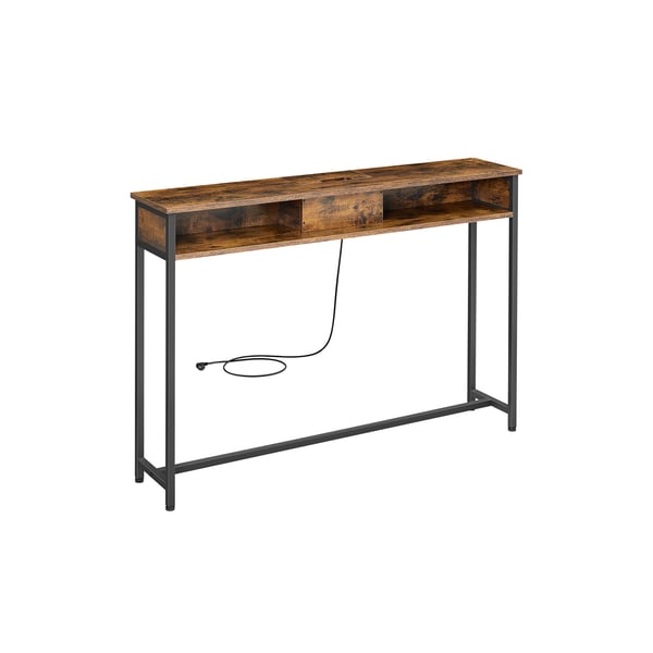 Slank konsolbord med strømskinne, sofabord med 2 rum, skjult opbevaring, pladsbesparende, 25 x 120 x 81 cm, til entré, stue, rustik brun og blæksort LNT111K01