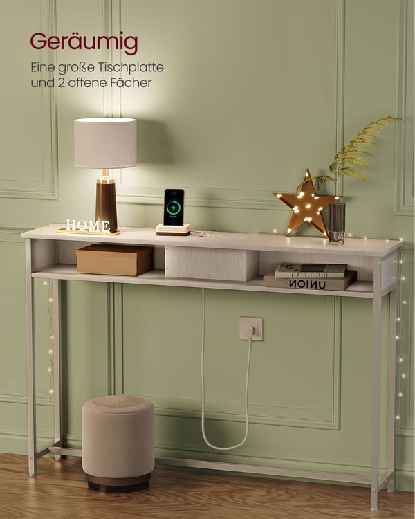 Konsolbord med stikkontakter, sidebord med 2 rum, 25 x 120 x 81 cm, pladsbesparende til entré, stue, snehvid, LNT111W01
