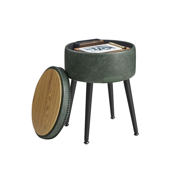 EKHO Collection - Säilytystuoli, pukeutumispöydän jakkara, PU tikkauksilla, Mid-Century Modern, pyöreä säilytysjakkara teräsjaloilla, kantavuus 150 kg, metsänvihreä