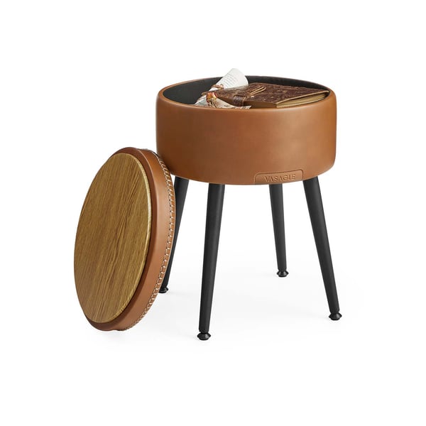 EKHO Collection - Opbevaringspuf, forfængelighedsskammel, kunstlæder med syninger, Mid Century Modern, rundt opbevaringssæde med stålben, belastning 150 kg, karamelbrun