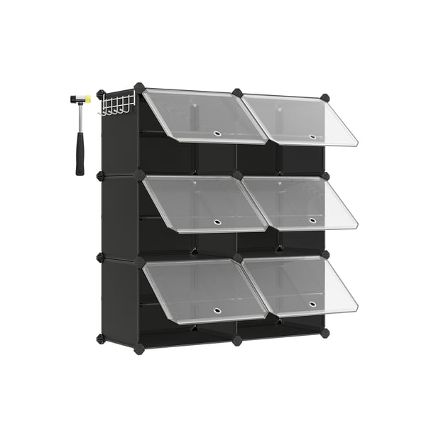 Sammenlåsende skoreol, plastskab til opbevaring af sko, modulær opbevaringsenhed med 6 pladser, 30 x 40 x 30 cm for hver plads, med døre, stålramme, plastpaneler, sort
