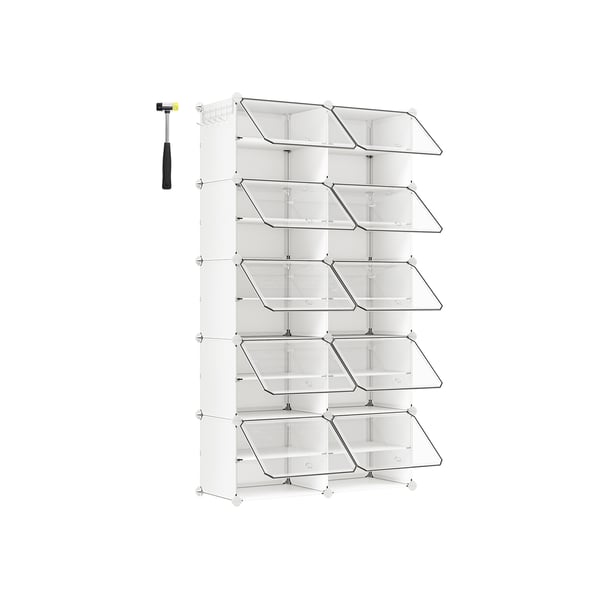 Förreglingsbart skoställ, plastskåp för skoförvaring, modulär förvaringsenhet med 10 fack, 30 x 40 x 30 cm för varje fack, med dörrar, stålram, plastpaneler, vit