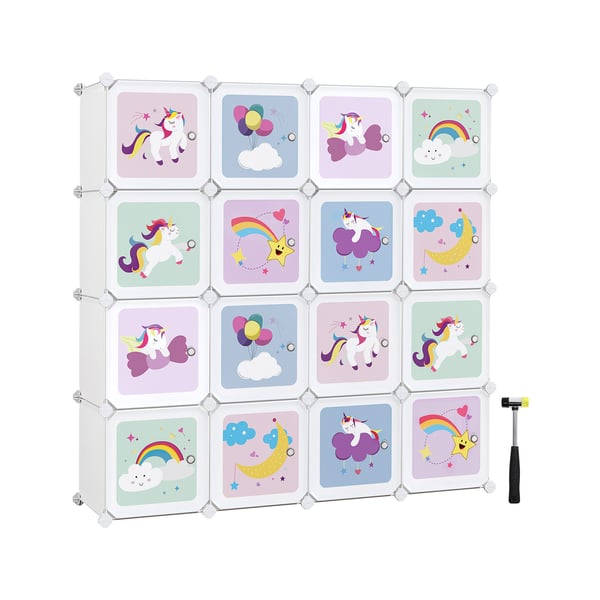 Kubehylde Multifunktionelt skab med 16 kube-døre Hyldesystem Garderobe Skohylde Plast til børnesko Legetøj 123 x 31 x 123 cm Hvid