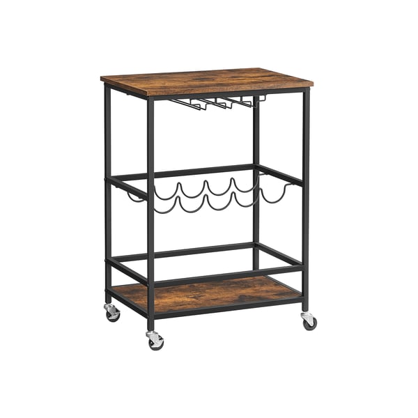 Köksvagn på hjul, Serveringsvagn med glas - och flaskhållare, 60x40x75 cm – Industriell vintage brun - svart,  LRC087B01
