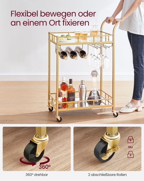 Barvogn i guld, serveringsvogn til hjemmebaren, vinvogn med 2 spejlhylder, vinholdere, glasholdere, til køkken, spisestue, guld
