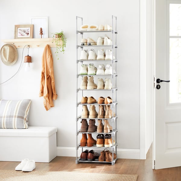 Skohylde, 10-lags metalskoopbevaringssystem, tilpasseligt design, metalramme, pladsbesparende hylde, til garderobe, entre, 30 x 45 x 174 cm, grå LSA02