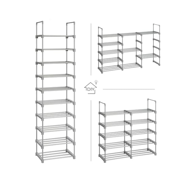 Skohylde, 10-lags metalskoopbevaringssystem, tilpasseligt design, metalramme, pladsbesparende hylde, til garderobe, entre, 30 x 45 x 174 cm, grå LSA02