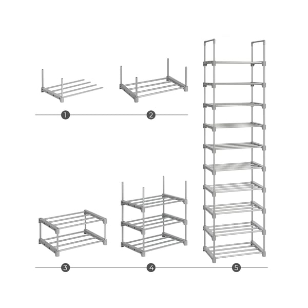 Skohylde, 10-lags metalskoopbevaringssystem, tilpasseligt design, metalramme, pladsbesparende hylde, til garderobe, entre, 30 x 45 x 174 cm, grå LSA02