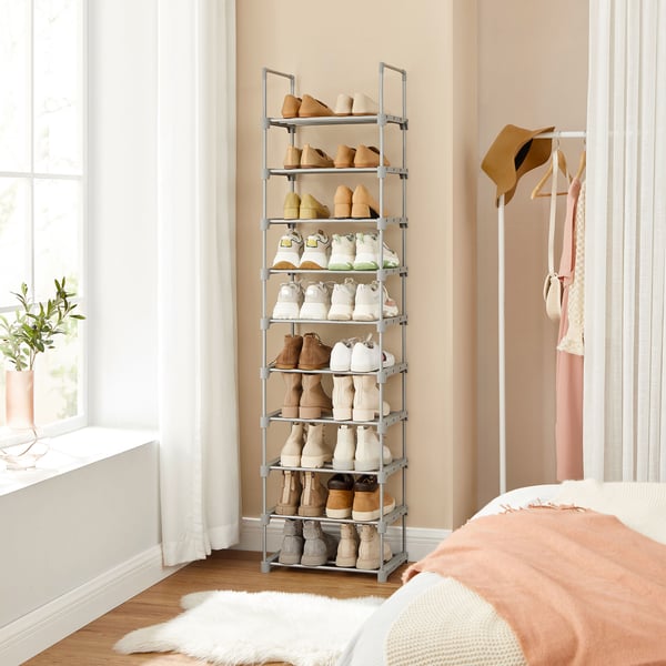 Skohylde, 10-lags metalskoopbevaringssystem, tilpasseligt design, metalramme, pladsbesparende hylde, til garderobe, entre, 30 x 45 x 174 cm, grå LSA02