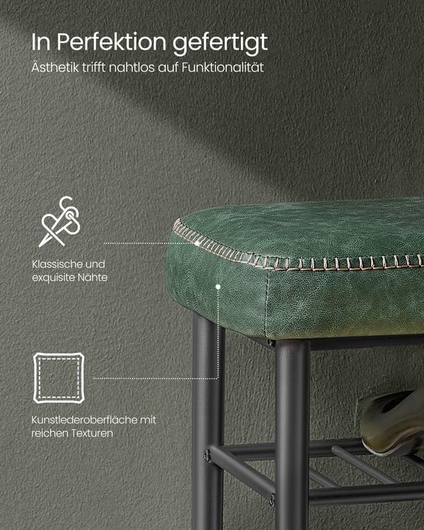 EKHO Collection LSB054C01 Skobænk, Sæde, Indgangsparti, Kunstlæder, Sømme, 60'er stil, Moderne, Maks. belastning 135 kg, 30 x 80 x 50 cm, Skovgrøn