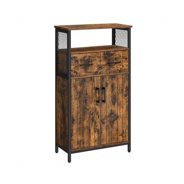 Förvaringsskåp, multifunktionellt sideboard med låda och justerbart hyllplan, badrumsskåp, stålram, för vardagsrum och kök, industriell stil, rustik brun och svart
