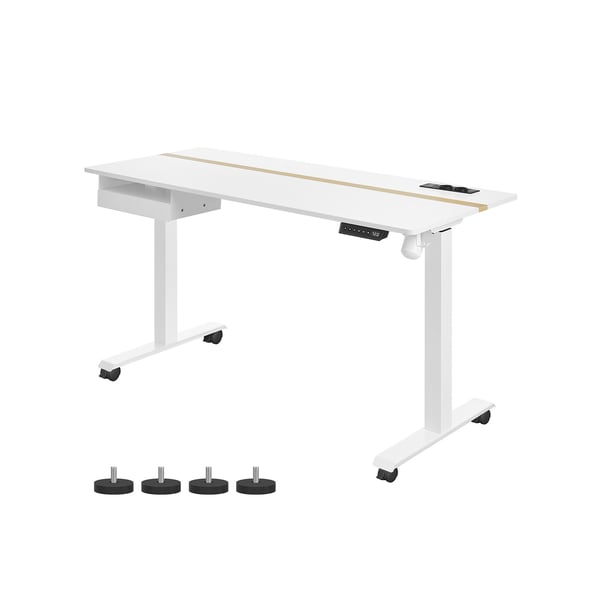 Elektrisk højdejusterbart skrivebord med stikkontakt og skuffe, 60 x 140 cm, bordoverflade med kontinuerlig justering og hukommelsesfunktion med 4 højder Hvid LSD114W01