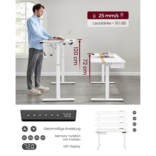 Elektrisk højdejusterbart skrivebord med stikkontakt og skuffe, 60 x 140 cm, bordoverflade med kontinuerlig justering og hukommelsesfunktion med 4 høj