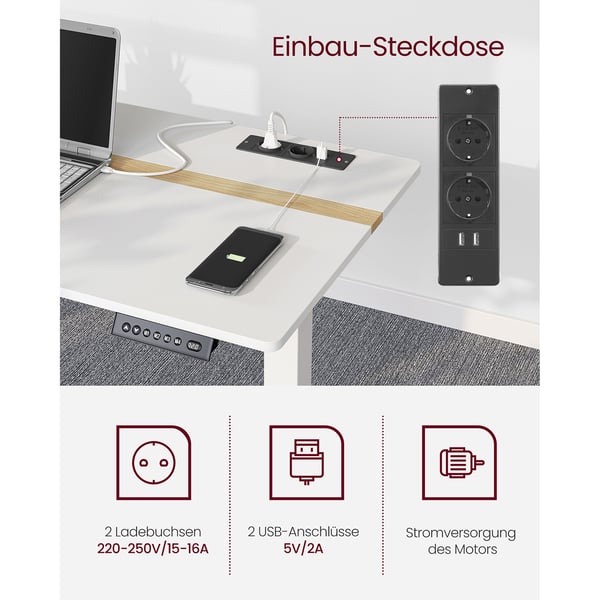 Elektrisk højdejusterbart skrivebord med stikkontakt og skuffe, 60 x 140 cm, bordoverflade med kontinuerlig justering og hukommelsesfunktion med 4 høj
