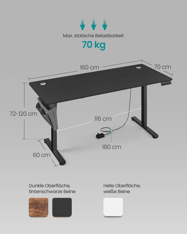 Højdejusterbart elektrisk skrivebord 60 x 160 x (72-120) cm