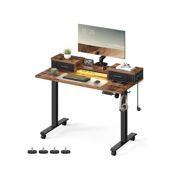 Elektrisk højdejusterbart skrivebord, 60 x 120 x (72-120) cm, trinløst justerbart, med monitorstativ, krog, hukommelsesfunktion, vintagebrun