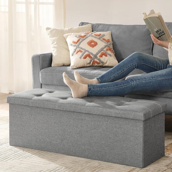 Bænk med opbevaringsplads, kiste, foldbar, 110 x 38 x 38 cm, imiteret linnedbetræk, til soveværelse, entre, stue, lysegrå