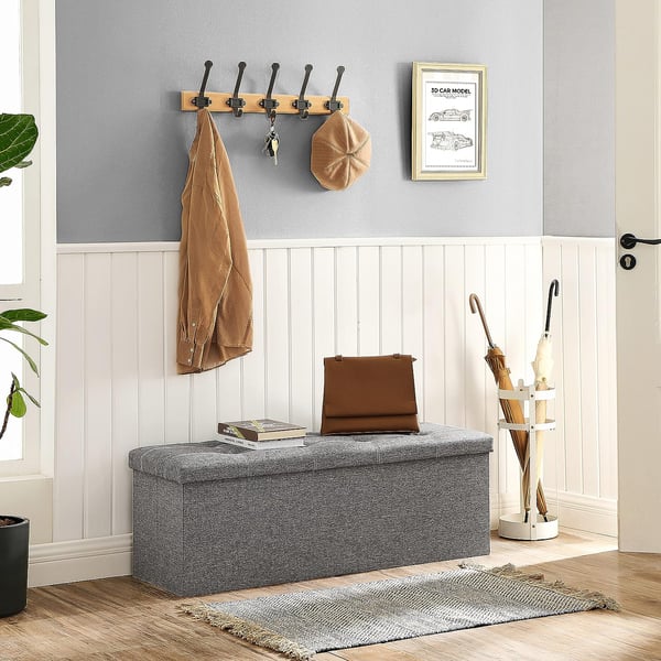 Bænk med opbevaringsplads, kiste, foldbar, 110 x 38 x 38 cm, imiteret linnedbetræk, til soveværelse, entre, stue, lysegrå