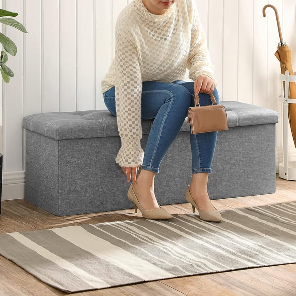 Bænk med opbevaringsplads, kiste, foldbar, 110 x 38 x 38 cm, imiteret linnedbetræk, til soveværelse, entre, stue, lysegrå