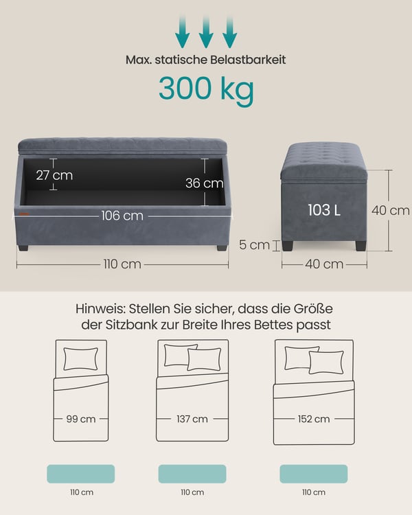 Skammel med opbevaringsplads 40 x 110 x 40 cm skifergrå
