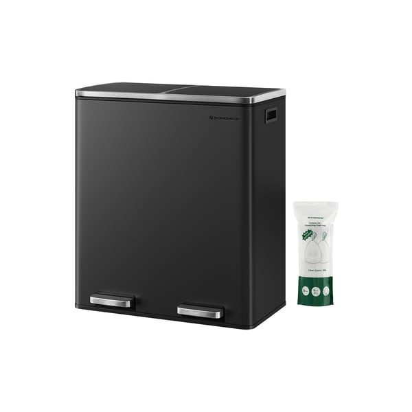 Dubbel soptunna, 2 x 30L köksavfalls- och återvinningstunna med 15 soppåsar, metallpedal, innerhinkar av plast och gångjärnsförsedda lock, handtag, mjuk stängning, lufttät, svart LTB60BK