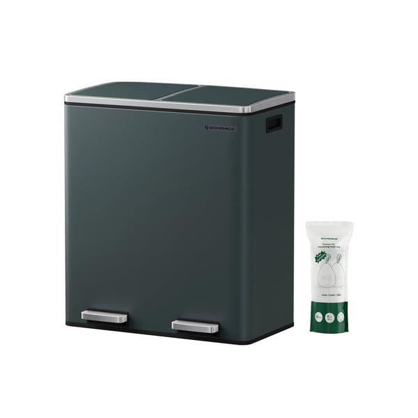Dubbel soptunna, 2 x 30 L köksavfallstunna med dubbla fack och 15 soppåsar, metallpedal med innerhinkar och lock av plast, mjukstängning, lukttätning, rökgrå LTB60GS