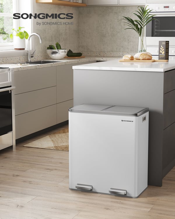 Dubbel soptunna, 2 x 30 L köksavfallstunna med dubbla fack och 15 soppåsar, metallpedal med innerhinkar och lock av plast, mjukstängning, lukttätning,