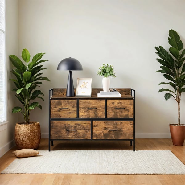 Kommode med 5 stofskuffer vintage brun-ink sort