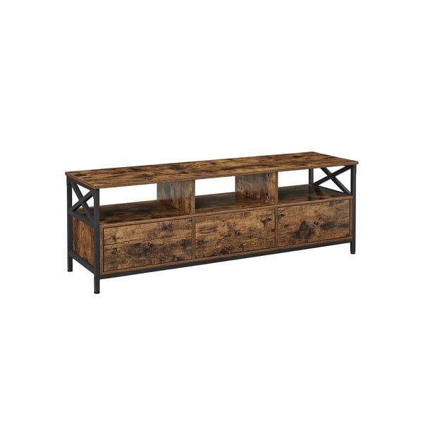 TV-stativ, TV-skåp för upp till 65 tums TV, TV-bord med 3 lådor och 3 öppna hyllor, 40 x 147 x 50 cm, för vardagsrum, sovrum, stålram, rustikt brunt och svart LTV301B01