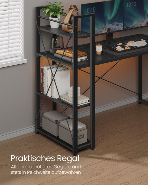 Computerskrivebord, Skrivebord med opbevaringshylder til venstre eller højre, 137,2 cm bredt hjemmekontor, til studier, nem montering, industriel stil