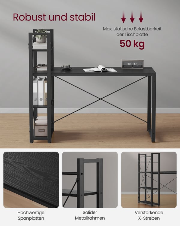 Computerskrivebord, Skrivebord med opbevaringshylder til venstre eller højre, 137,2 cm bredt hjemmekontor, til studier, nem montering, industriel stil