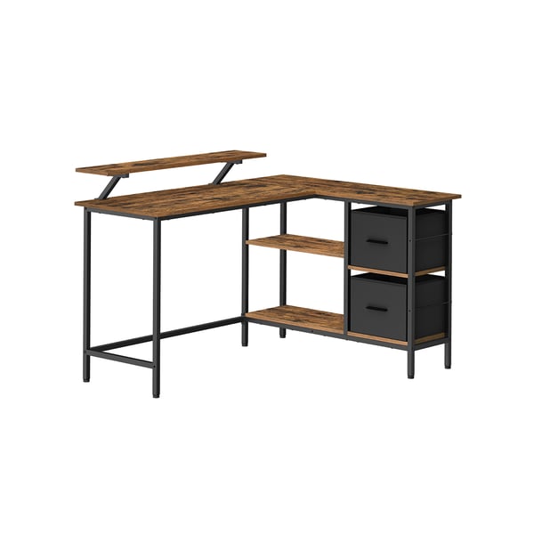 L-formet skrivebord Vasagle med 2 skuffer, Gaming skrivebord med skærmstativ, hjørnebord, computerbord til hjemmekontor, brun