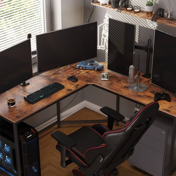 L-formet computerskrivebord, hjørneskrivebord til studieværelse, hjemmekontor, gaming, pladsbesparende, nem montering, industrielt design, rustikt bru