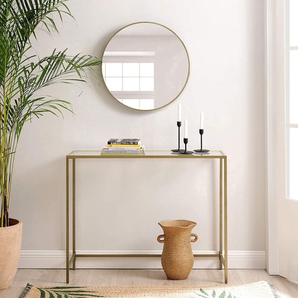 Konsolbord, bord i hærdet glas, moderne sofa- eller entrébord, metalstel, robust, justerbare ben, til stuen, entreen, gyldent LGT26G