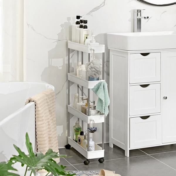4-trins opbevaringsvogn på hjul, plastikopbevaringsenhed, pladsbesparende reolorganisator til små rum, badeværelse, køkken, 40 x 12,5 x 88 cm, hvid KS