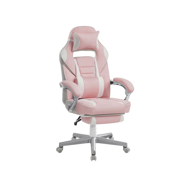 Kontorstol, gamingstol, justerbar, teleskopisk fodstøtte, vippemekanisme, nakkestøtte, lændestøtte, belastning 150 kg, Candy Pink og Cream White