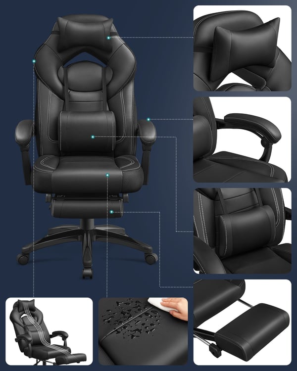 Gamingstol, kontorsstol med fotstöd, skrivbordsstol, ergonomisk design, justerbart nackstöd, stöd för ländryggen, klarar upp till 150 kg, svart OBG077