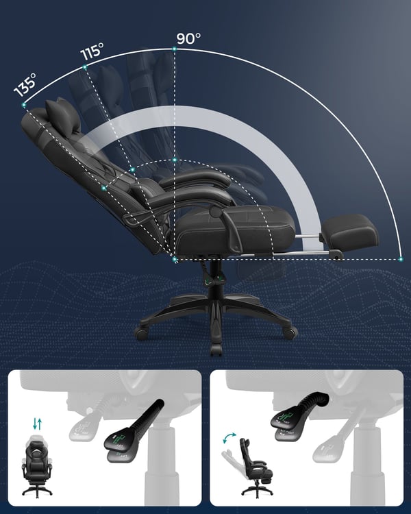 Gamingstol, kontorsstol med fotstöd, skrivbordsstol, ergonomisk design, justerbart nackstöd, stöd för ländryggen, klarar upp till 150 kg, svart OBG077