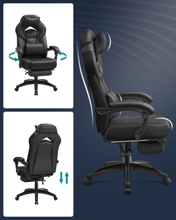 Gamingstol, kontorsstol med fotstöd, skrivbordsstol, ergonomisk design, justerbart nackstöd, stöd för ländryggen, klarar upp till 150 kg, svart OBG077