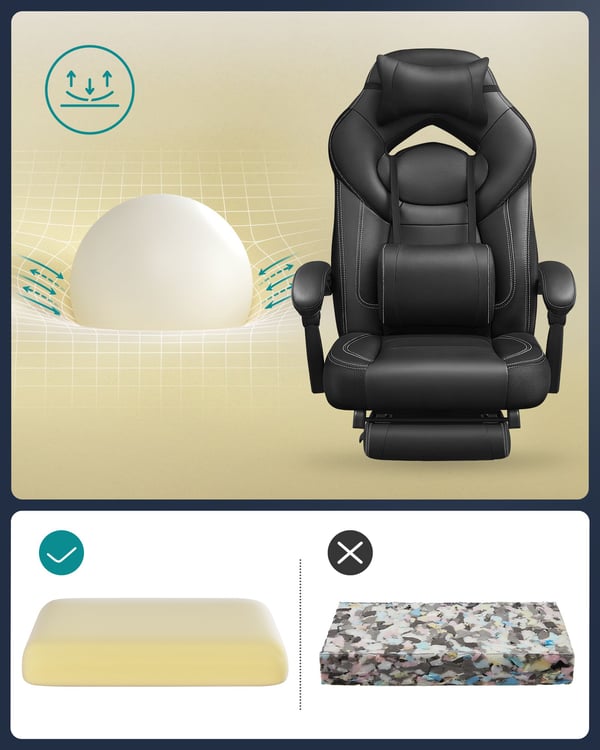 Gamingstol, kontorsstol med fotstöd, skrivbordsstol, ergonomisk design, justerbart nackstöd, stöd för ländryggen, klarar upp till 150 kg, svart OBG077