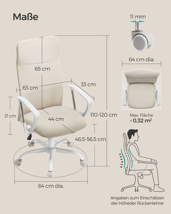 Kontorsstol, ergonomisk snurrstol, vadderad sits, tygklädd, justerbar och lutningsbar
