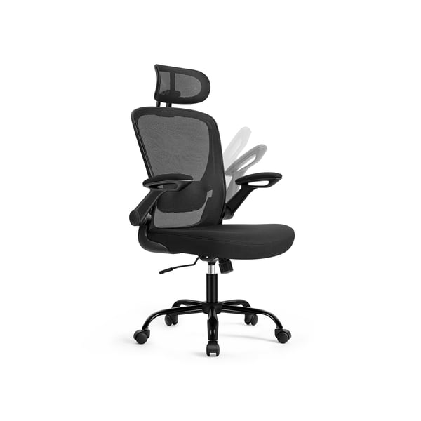 Kontorstol Ergonomisk skrivebordsstol Drejestol med netpolstret lændestøtte Vippefunktion 53 cm sæde Sammenklappelige armlæn Nakkestøtte Blæk Sort
