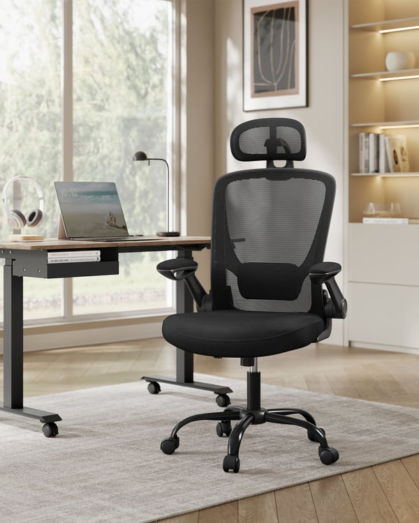 Kontorsstol Ergonomisk skrivbordsstol Snurrstol med nätvadderat ländryggsstöd Gungfunktion 53cm Sits Fällbara armstöd Nackstöd Bläck Svart
