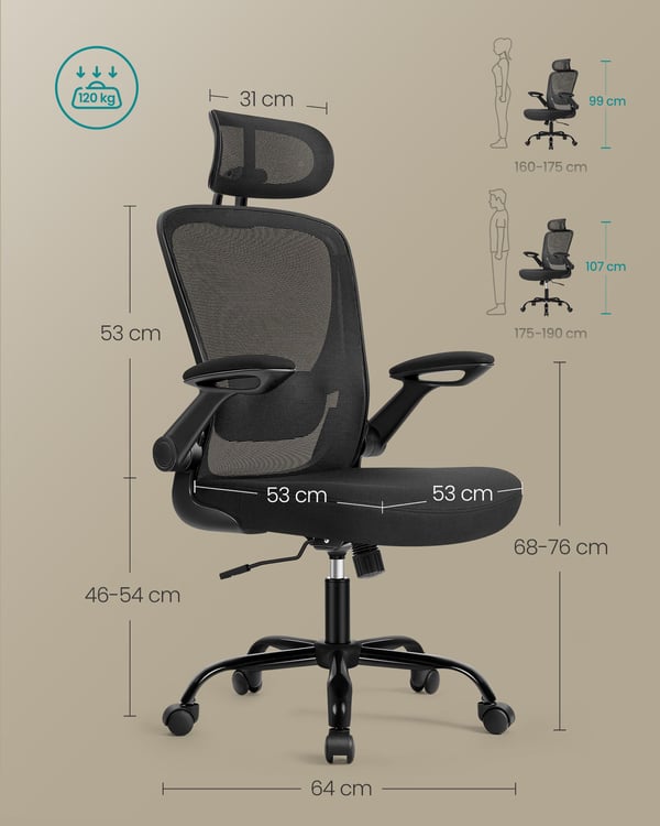 Kontorsstol Ergonomisk skrivbordsstol Snurrstol med nätvadderat ländryggsstöd Gungfunktion 53cm Sits Fällbara armstöd Nackstöd Bläck Svart