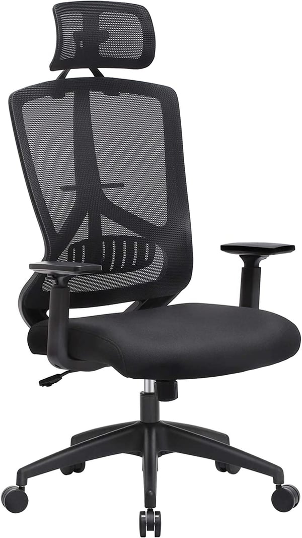 Ergonominen toimisto- ja työtuoli, jossa on lannerangan tuki, kääntyvä tietokonetuoli, jossa on säädettävä niskatuki ja käsinojat, keinutoiminto ja korkeussäätö, musta