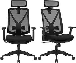 Kontorsstol med fotstöd, set om 2, ergonomisk skrivbordsstol med svankstöd, justerbart nackstöd och armstöd, höjdjustering och gungfunktion, svart OBN61BKV1-2