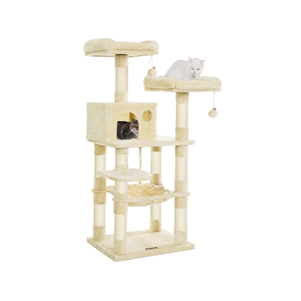 Kissapuu XXL 206 cm Feandrea – Vakaa kissatorni, jossa 2 luolaa, kori, riippumatto ja pehmeät istumapylväät, beige