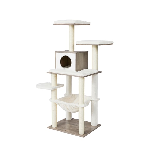 Greige PCT164G01 138 cm kattetræ Moderne kattemøbler Multi-Tier Cat Scratching Post Cuddly Cave Sisal Posts Hammock Platforms Soft Plush Washable Cushions